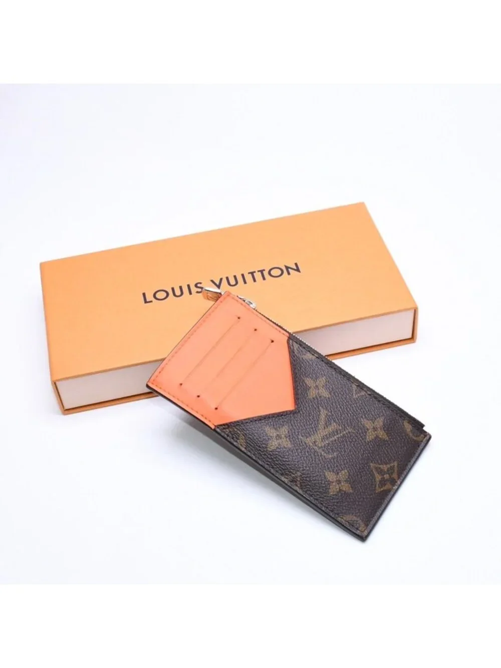 Louis Vuitton Coin Card Holder Case Monogram Brown Orange Silver